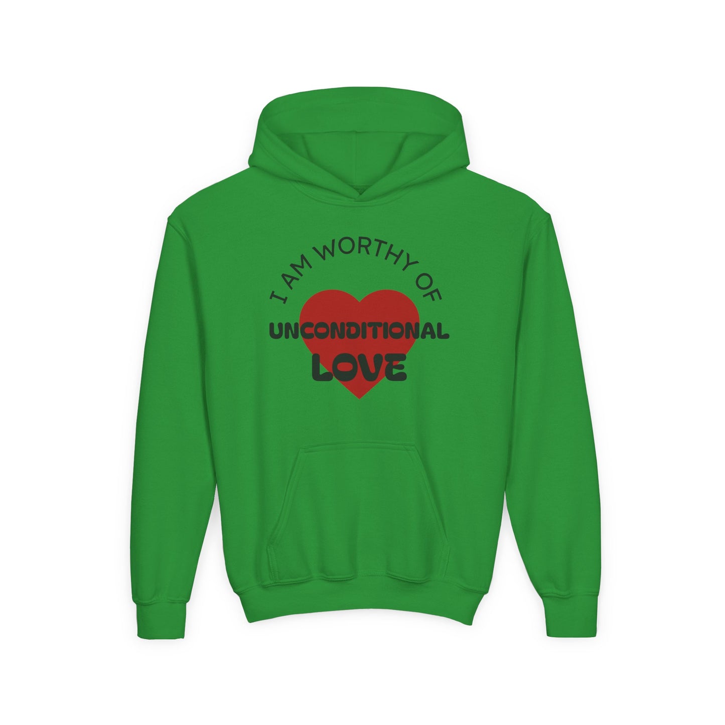 Youth Hoodie — "I Am Worthy of Unconditional Love" Colorful Affirmation Sweatshirt