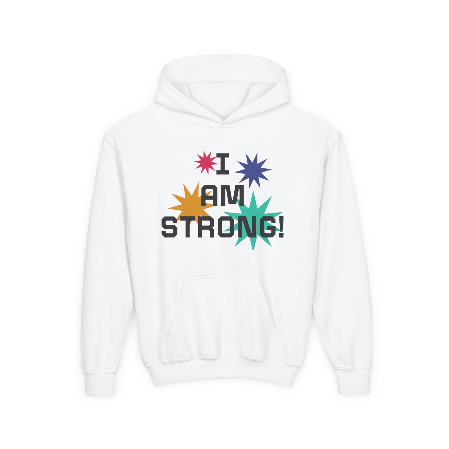Youth Hoodie — "I Am Strong" Colorful Affirmation Sweatshirt