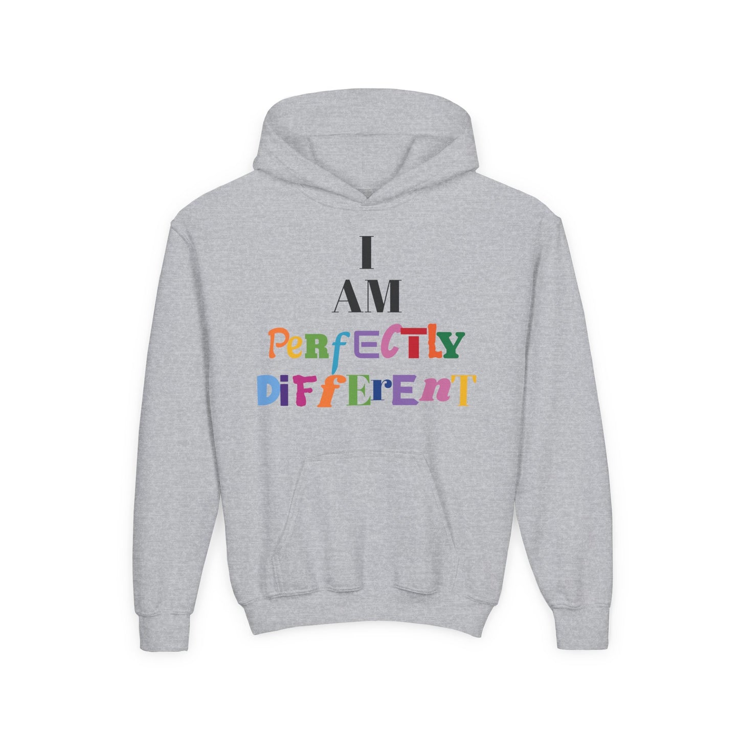 Youth Hoodie — "I AM Perfectly Different" Colorful Affirmation Sweatshirt