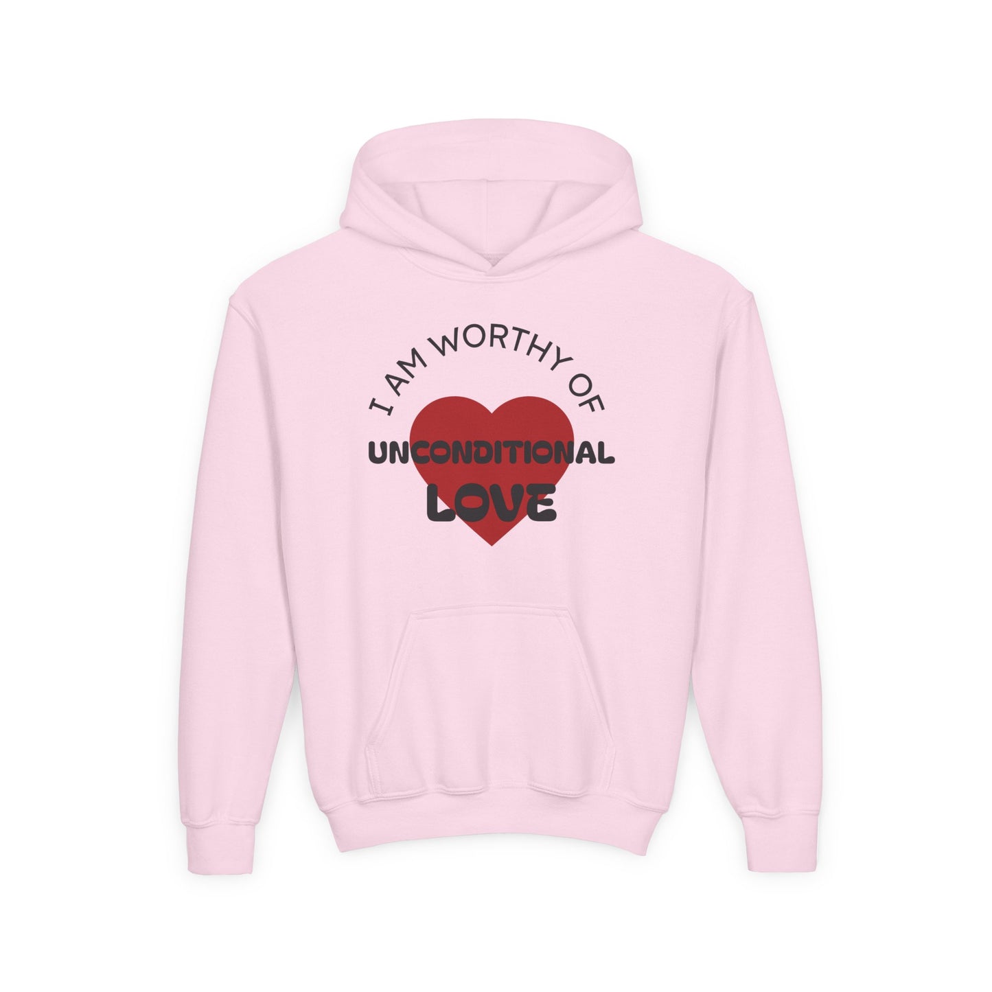 Youth Hoodie — "I Am Worthy of Unconditional Love" Colorful Affirmation Sweatshirt