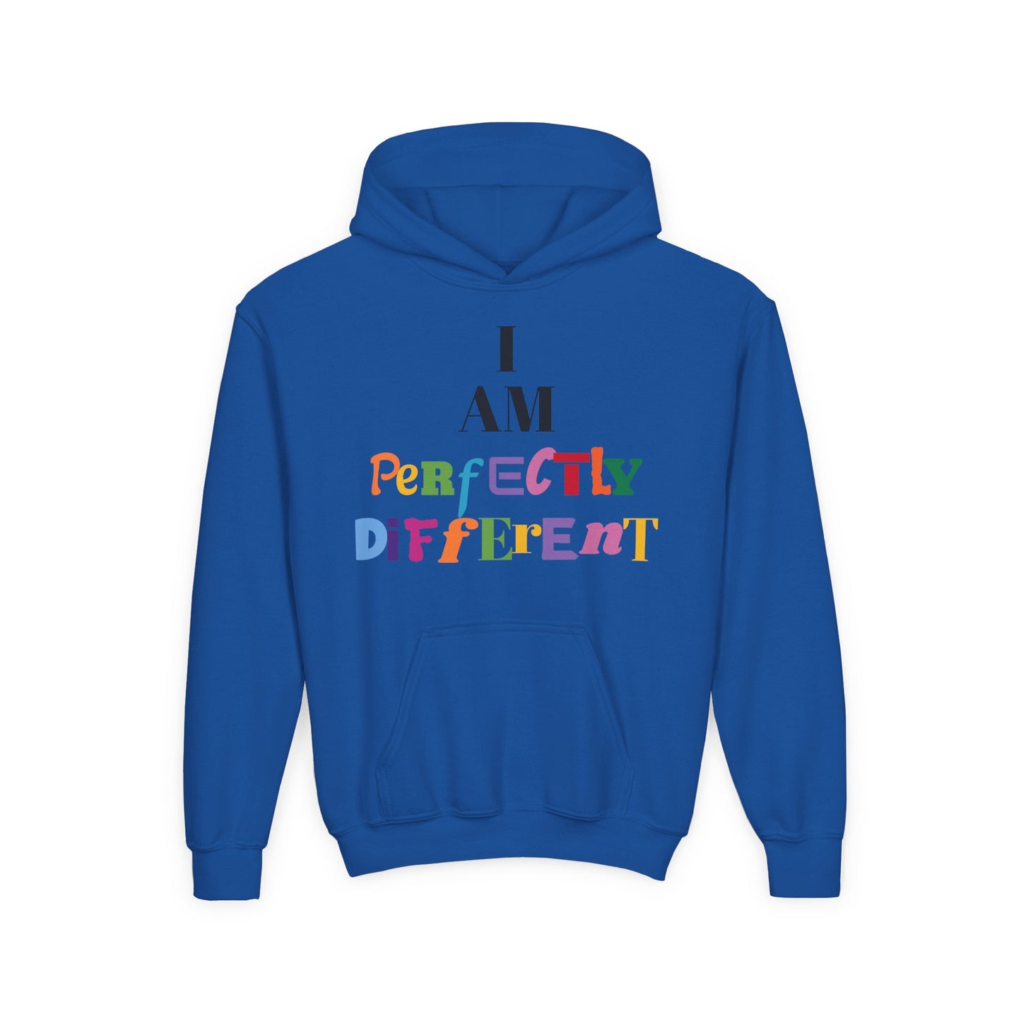 Youth Hoodie — "I AM Perfectly Different" Colorful Affirmation Sweatshirt