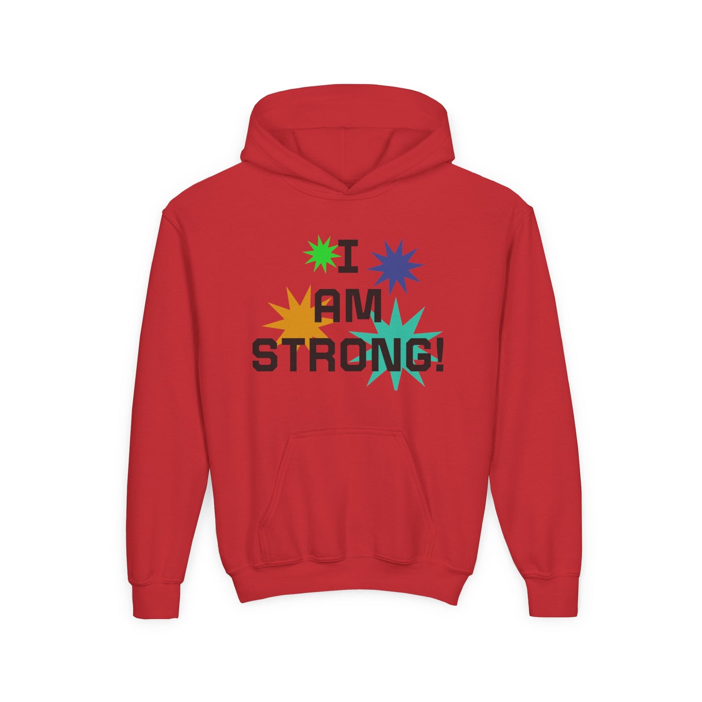 Youth Hoodie — "I Am Strong" Colorful Affirmation Sweatshirt