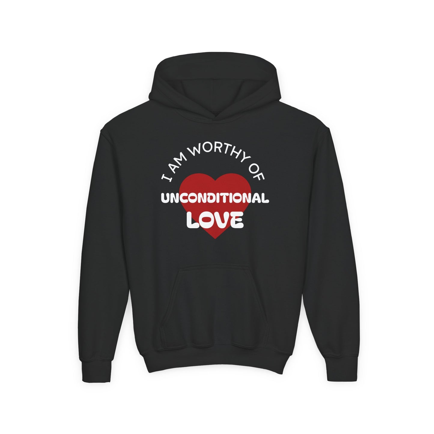 Youth Hoodie — "I Am Worthy of Unconditional Love" Colorful Affirmation Sweatshirt