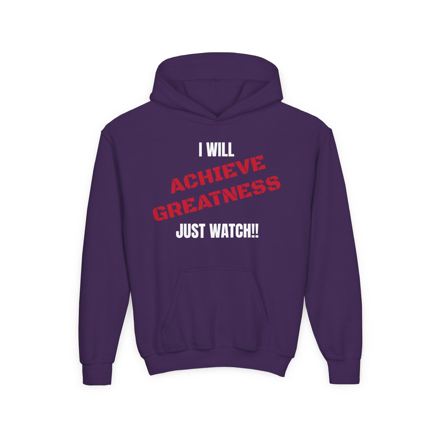 Youth Hoodie — "I Will Achieve Greatness Just Watch!!" Colorful Affirmation Sweatshirt
