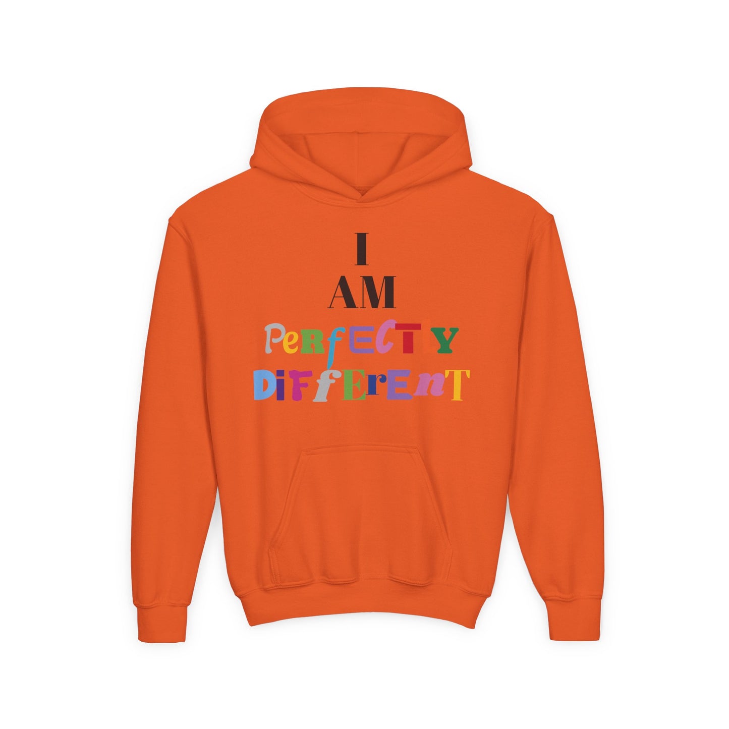 Youth Hoodie — "I AM Perfectly Different" Colorful Affirmation Sweatshirt