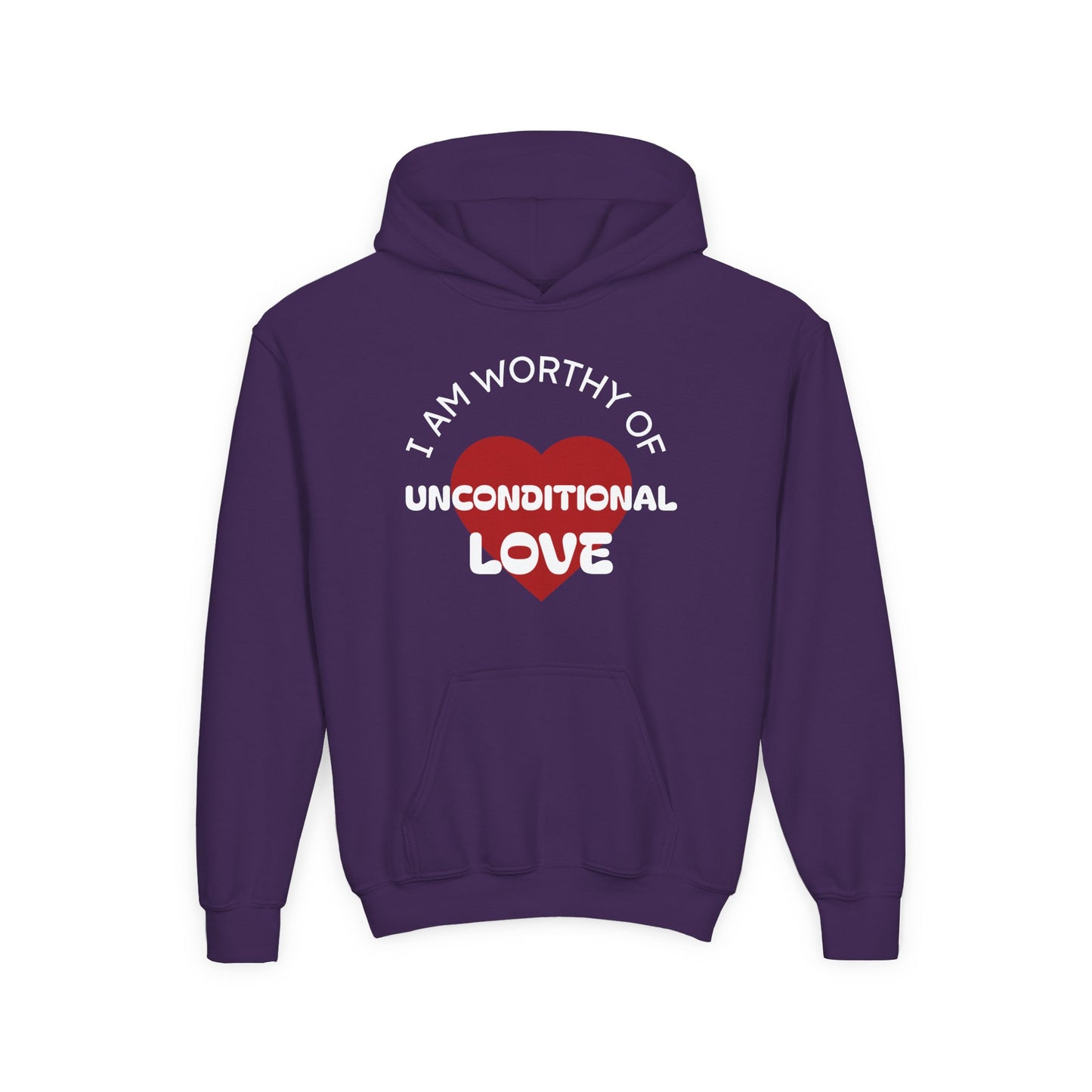 Youth Hoodie — "I Am Worthy of Unconditional Love" Colorful Affirmation Sweatshirt