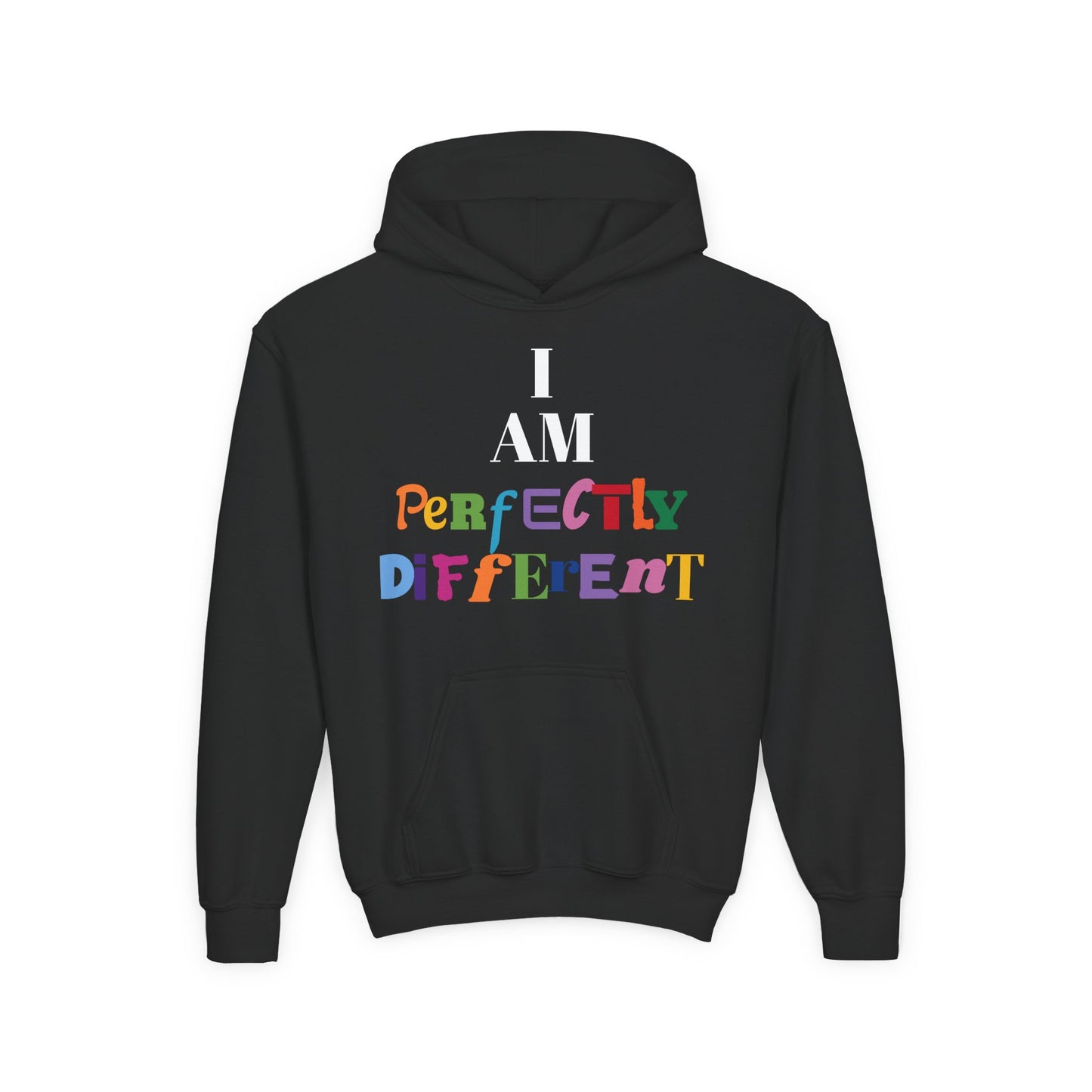 Youth Hoodie — "I AM Perfectly Different" Colorful Affirmation Sweatshirt
