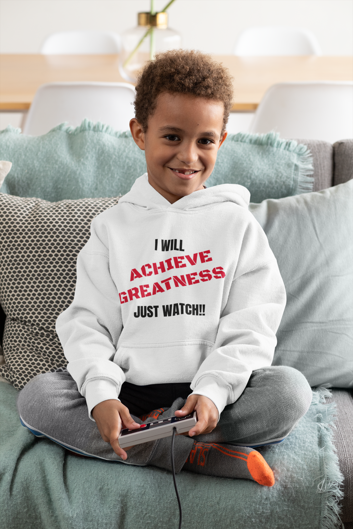 Youth Hoodie — "I Will Achieve Greatness Just Watch!!" Colorful Affirmation Sweatshirt
