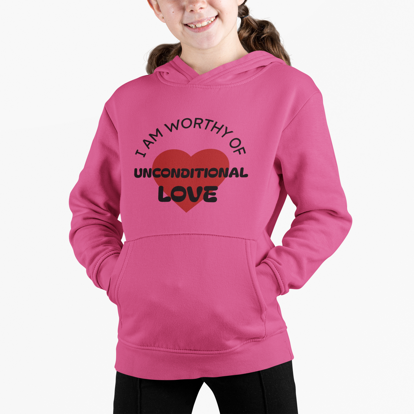Youth Hoodie — "I Am Worthy of Unconditional Love" Colorful Affirmation Sweatshirt