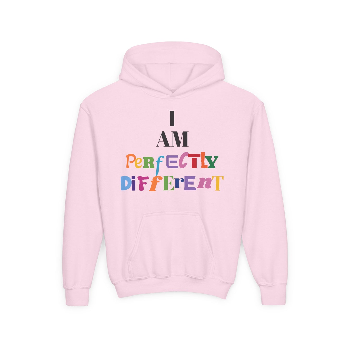Youth Hoodie — "I AM Perfectly Different" Colorful Affirmation Sweatshirt