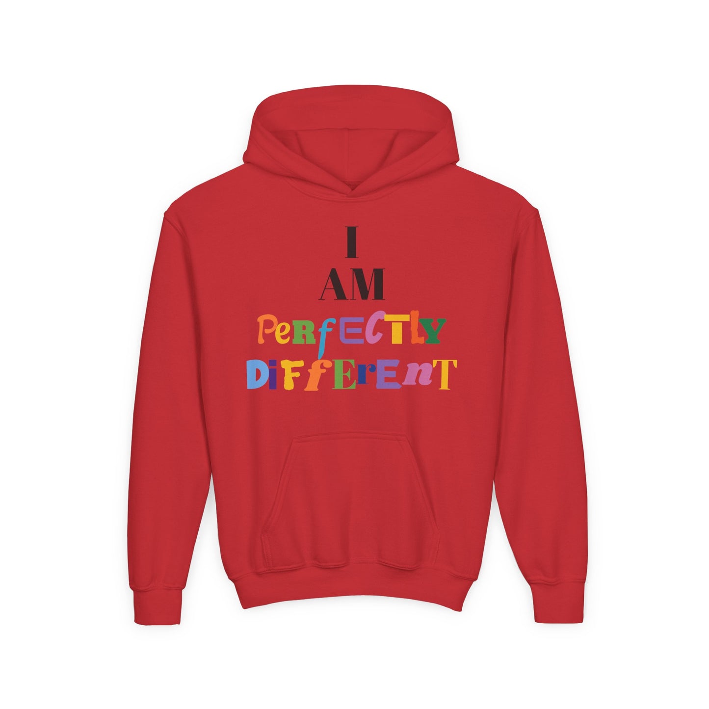 Youth Hoodie — "I AM Perfectly Different" Colorful Affirmation Sweatshirt