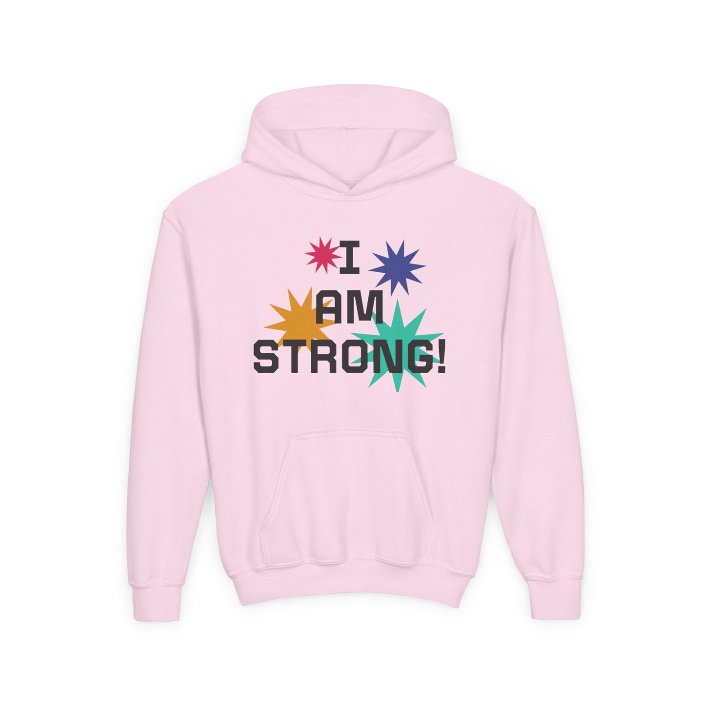 Youth Hoodie — "I Am Strong" Colorful Affirmation Sweatshirt