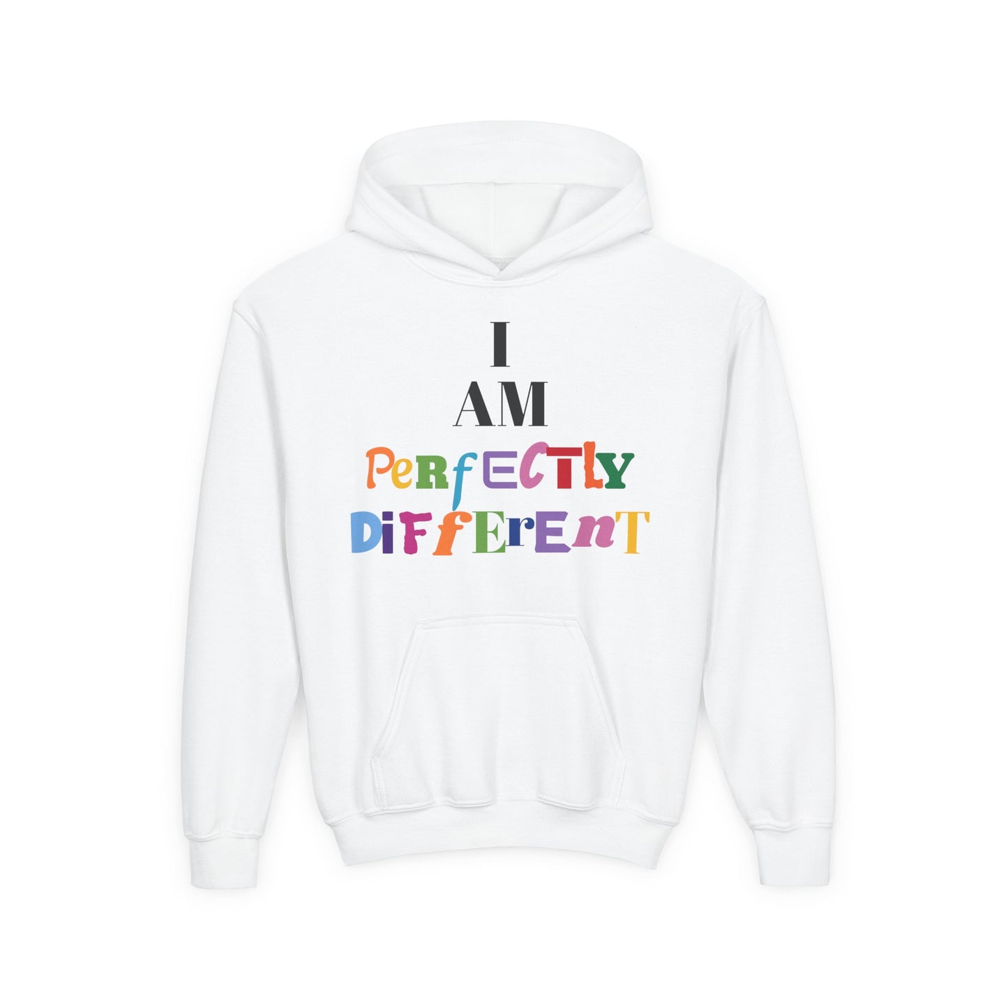 Youth Hoodie — "I AM Perfectly Different" Colorful Affirmation Sweatshirt