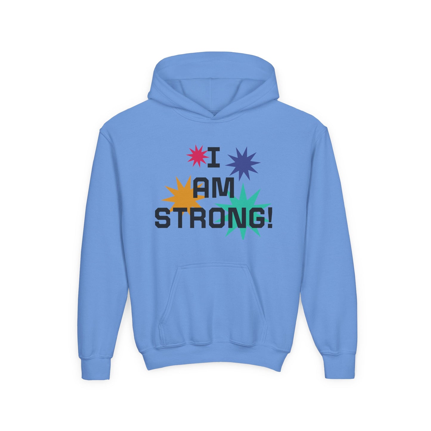 Youth Hoodie — "I Am Strong" Colorful Affirmation Sweatshirt