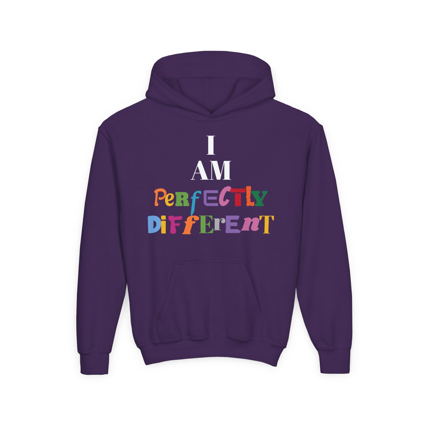 Youth Hoodie — "I AM Perfectly Different" Colorful Affirmation Sweatshirt