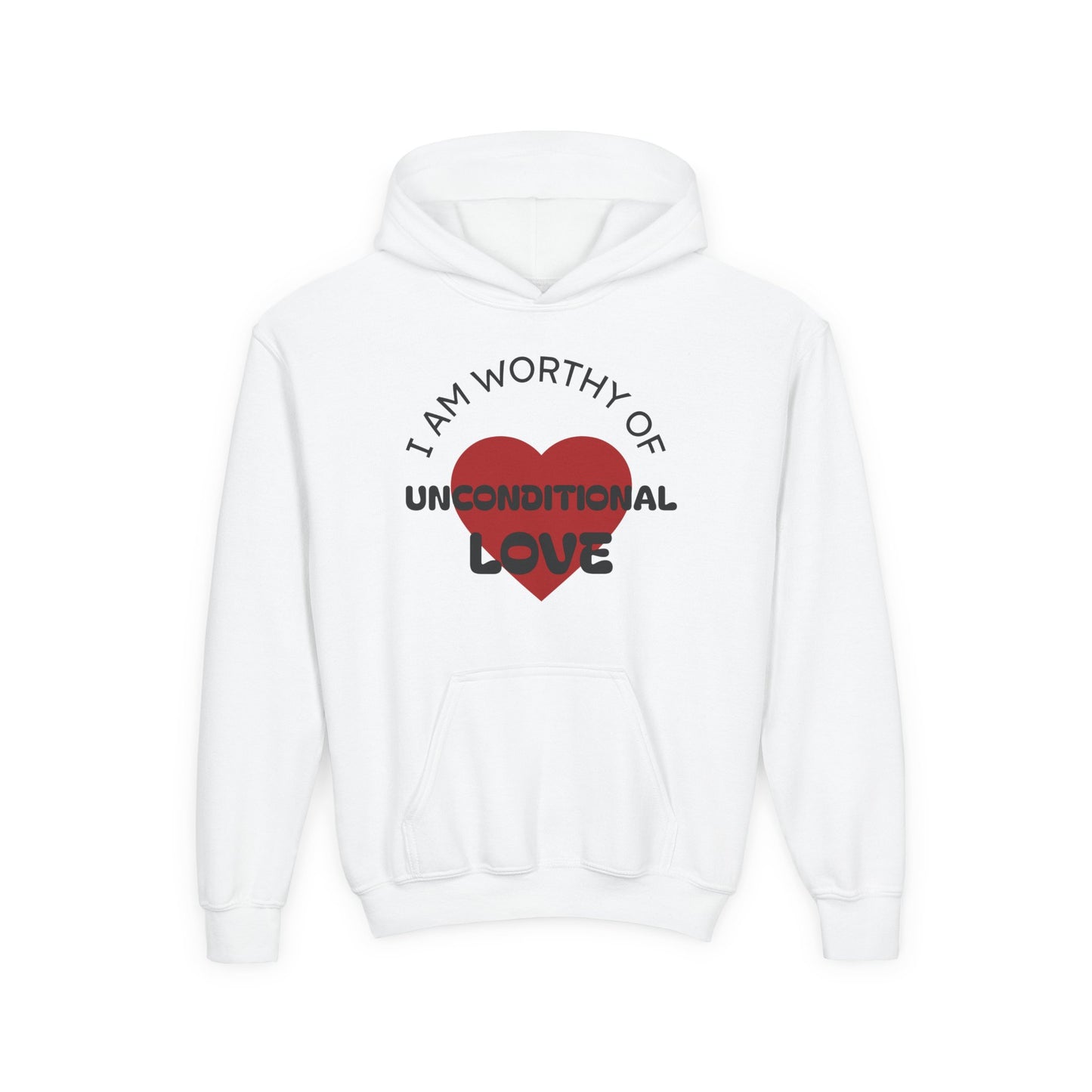 Youth Hoodie — "I Am Worthy of Unconditional Love" Colorful Affirmation Sweatshirt