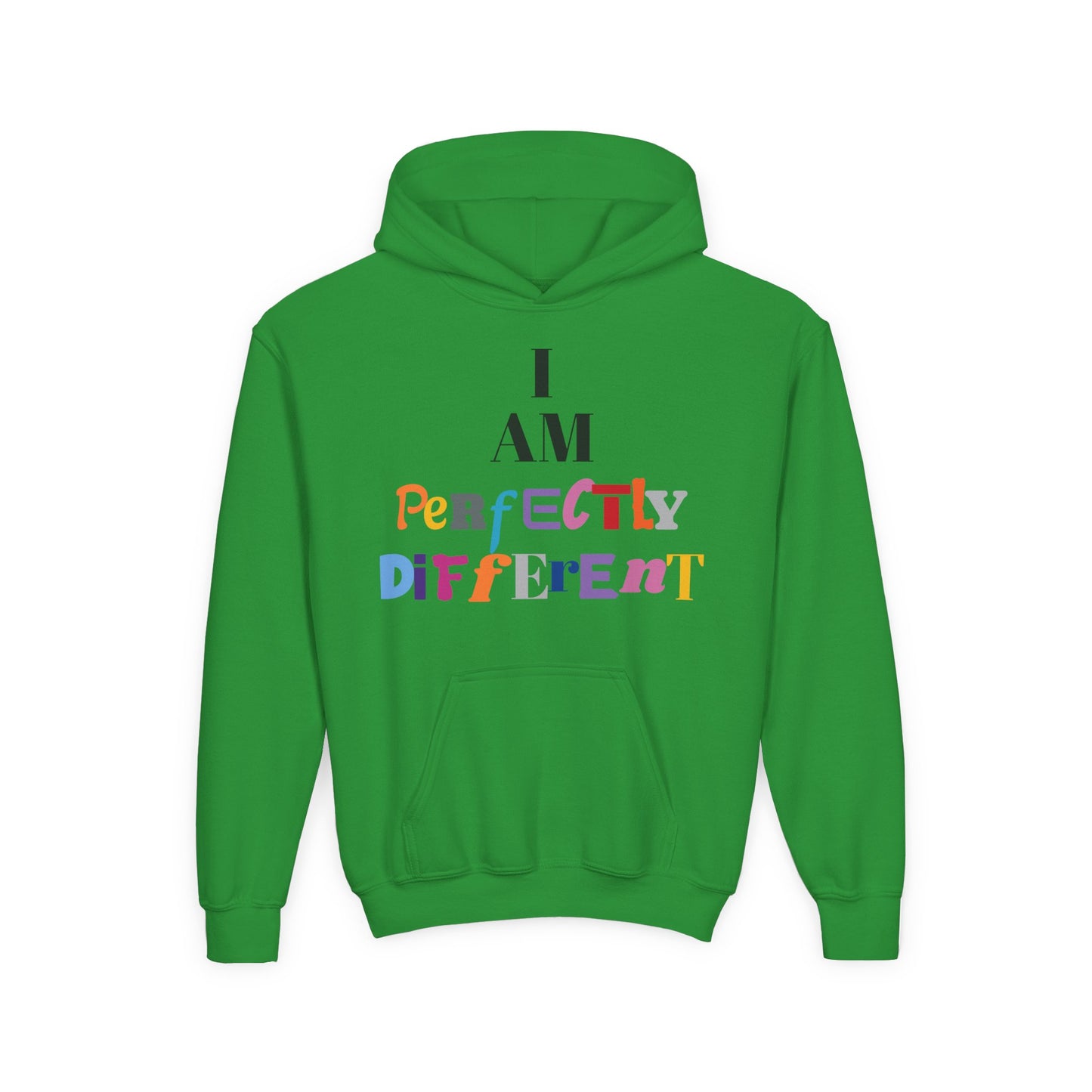 Youth Hoodie — "I AM Perfectly Different" Colorful Affirmation Sweatshirt
