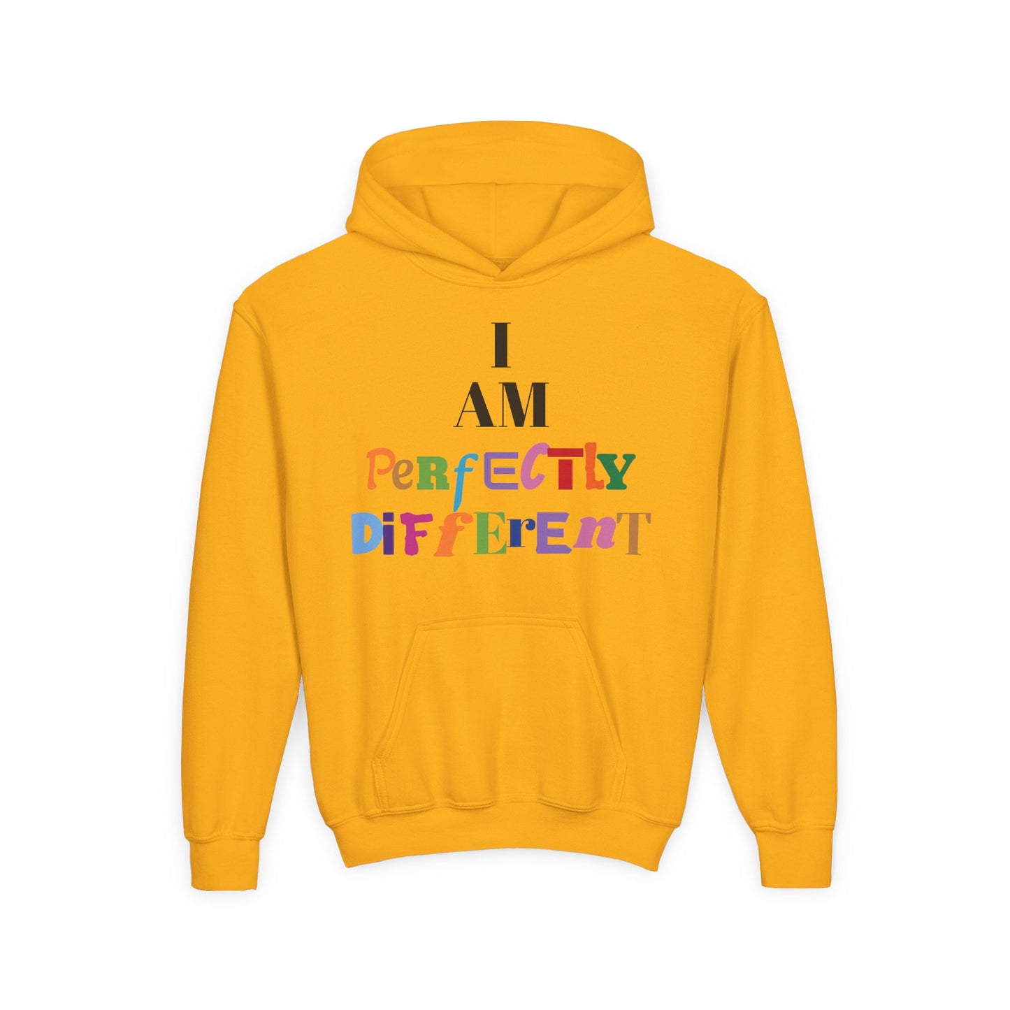 Youth Hoodie — "I AM Perfectly Different" Colorful Affirmation Sweatshirt