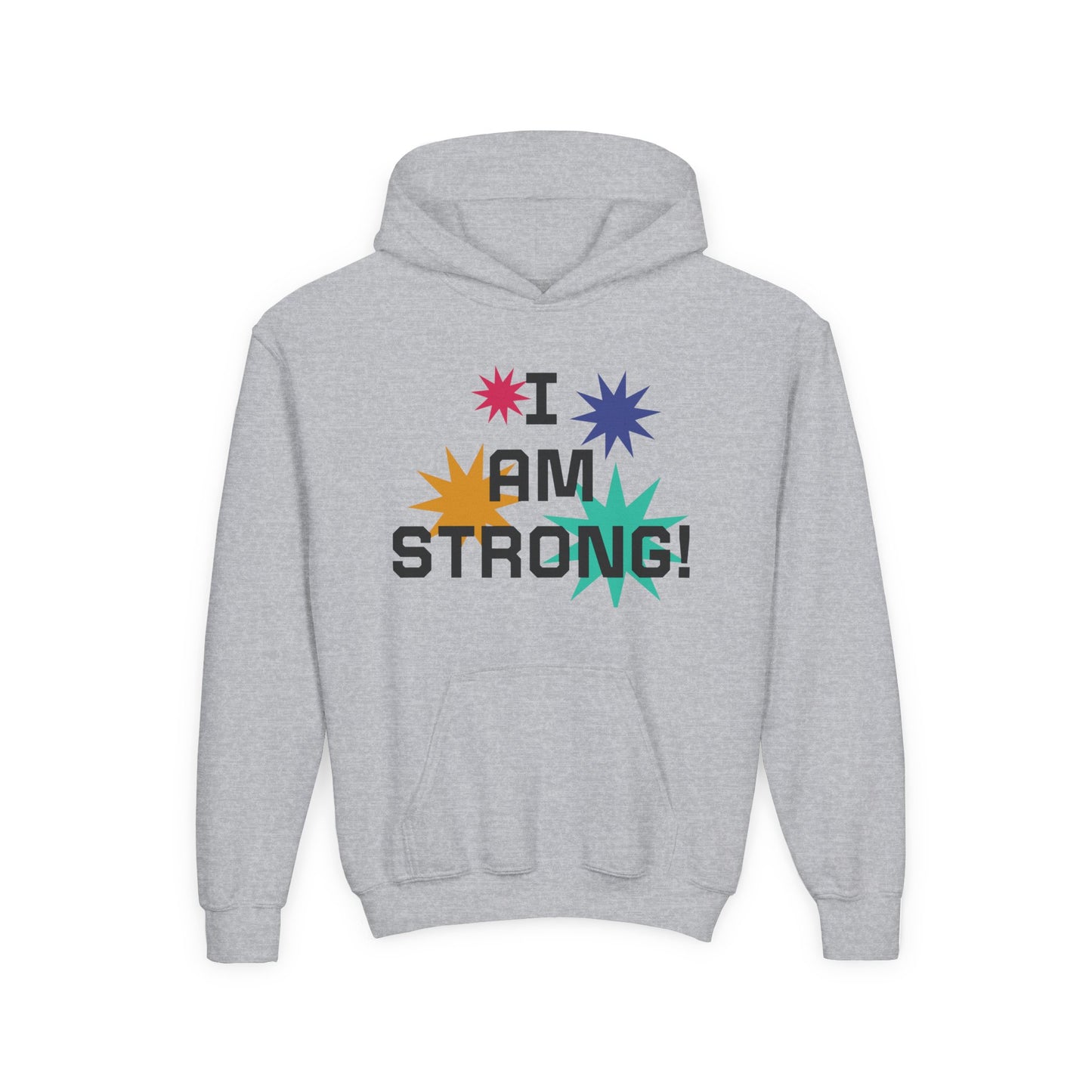 Youth Hoodie — "I Am Strong" Colorful Affirmation Sweatshirt