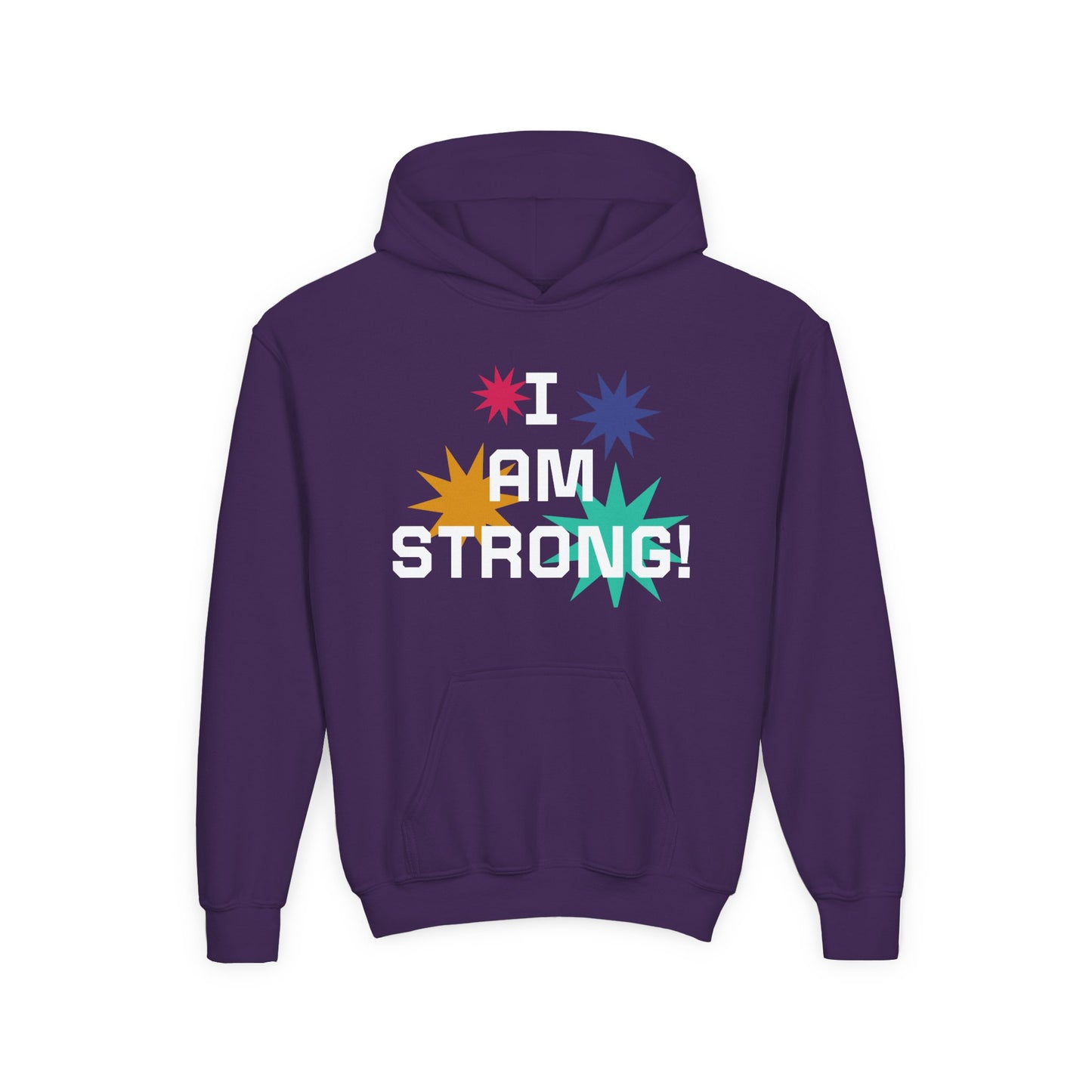 Youth Hoodie — "I Am Strong" Colorful Affirmation Sweatshirt