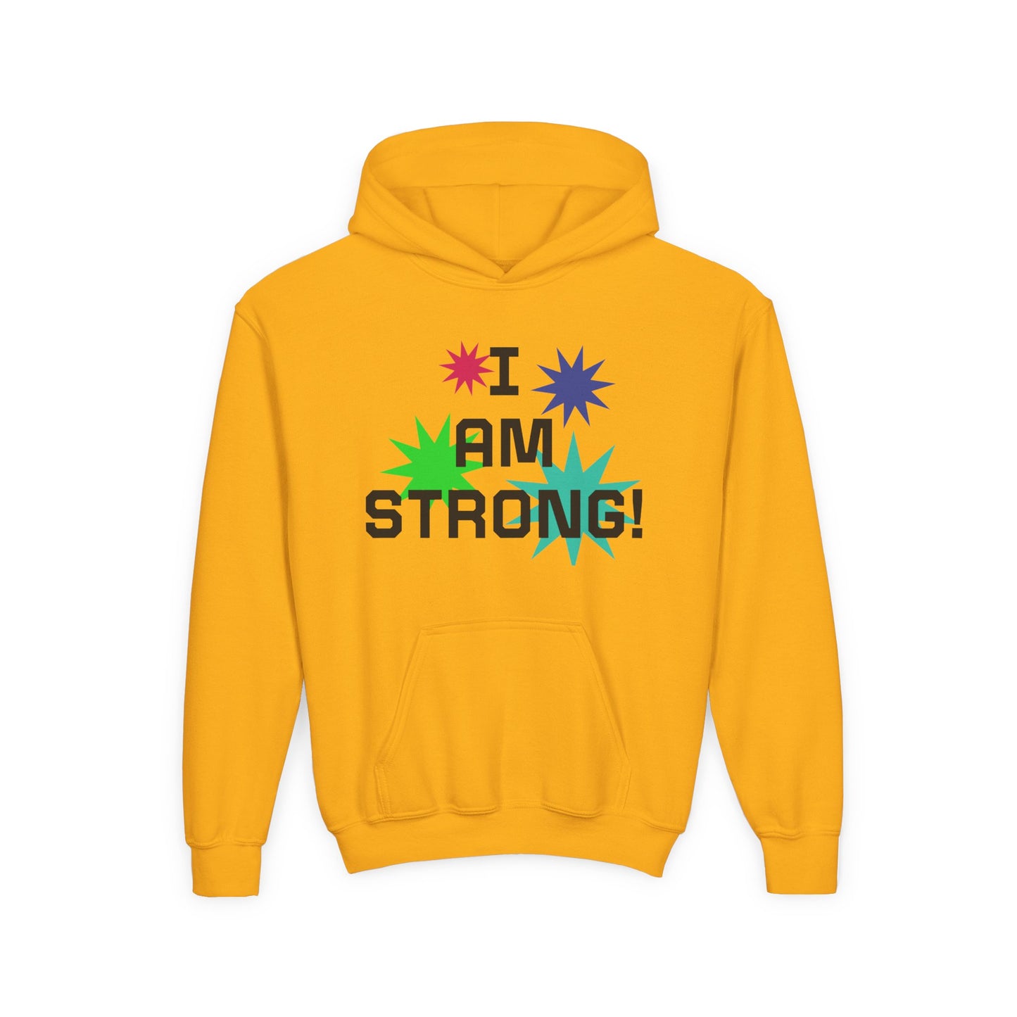 Youth Hoodie — "I Am Strong" Colorful Affirmation Sweatshirt