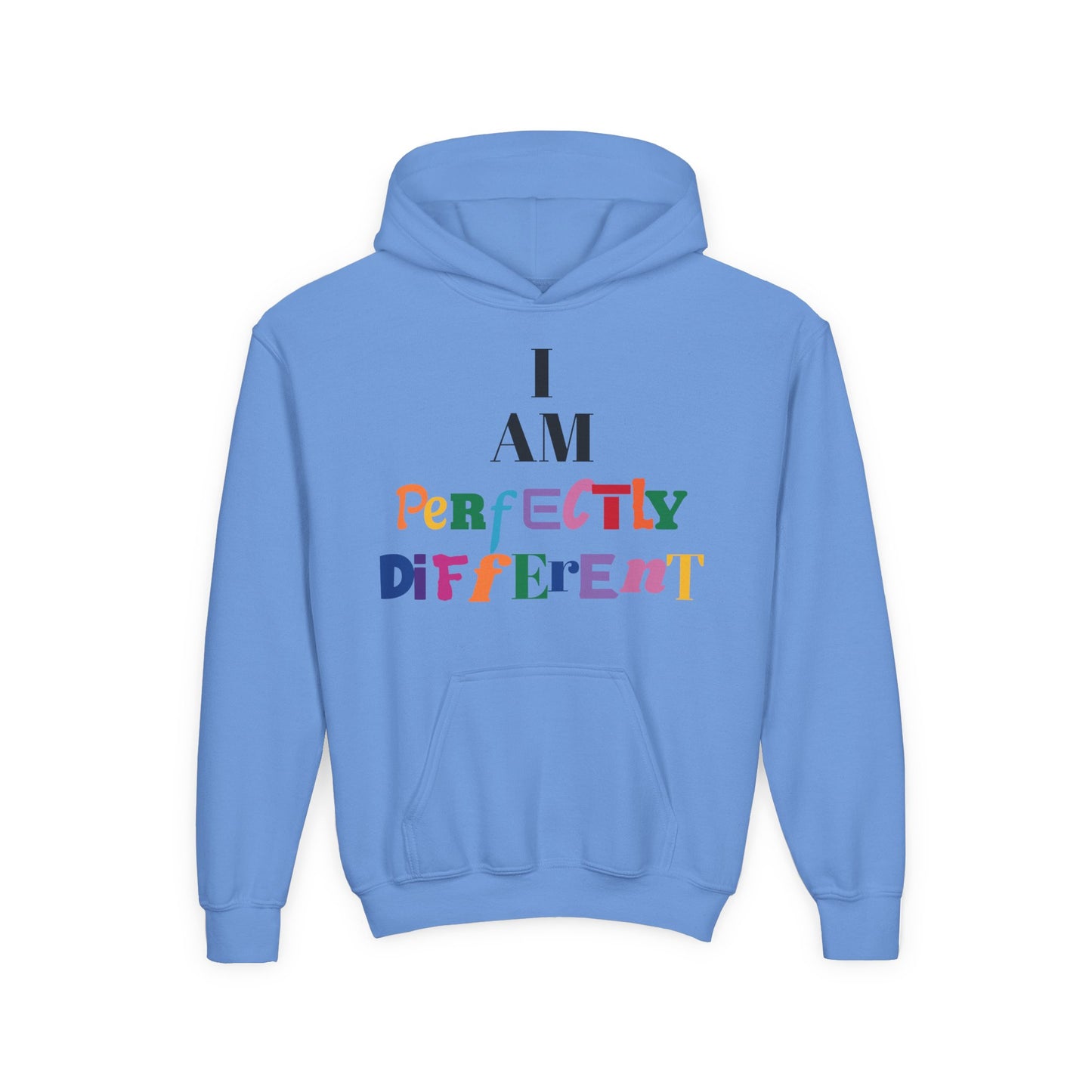 Youth Hoodie — "I AM Perfectly Different" Colorful Affirmation Sweatshirt